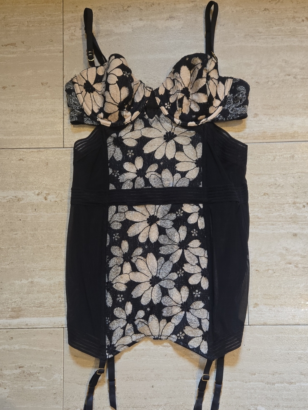 Victoria's Secret Sheer Black/Floral-Lace Negligee with Garter Straps